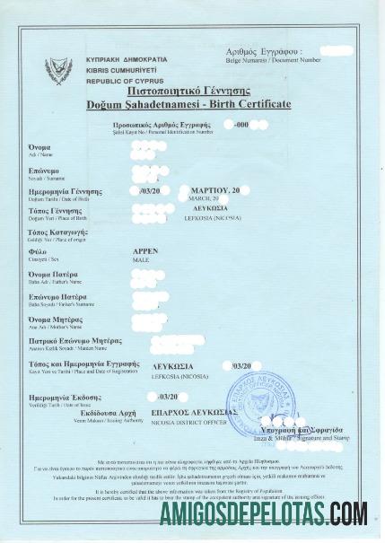 Registro de Certidão de Nascimento da População de Chipre modelo